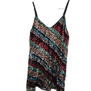 XL Multicolor Rainbow Sequin Party Dress–Black Lined Slip Dress Stretchy Sparkle